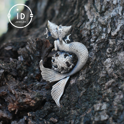 Mermaid Cat Pendant with Phantom Quartz in Oxidized 925 Silver, Fantasy Vintage Jewelry Gift for Her, Mystical Animal Necklace