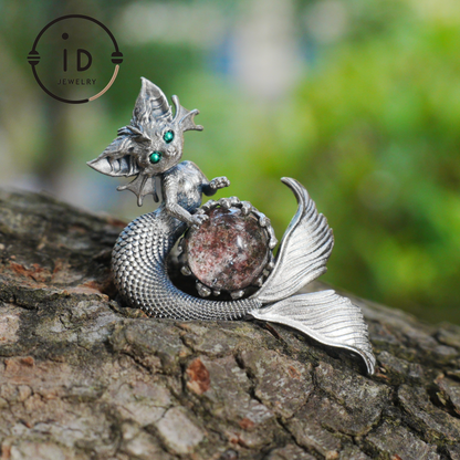 Mermaid Cat Pendant with Phantom Quartz in Oxidized 925 Silver, Fantasy Vintage Jewelry Gift for Her, Mystical Animal Necklace