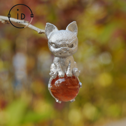 Silver Dog Pendant with Red Hematoid Quartz, 925 Sterling Silver Necklace, Fairytale Animal Jewelry, Gift for Her Birthday