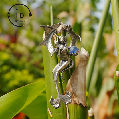 Silver Pendant with Ocean Blue Stone, Gothic Capricorn Necklace, Fantasy Jewelry for Women, Unique Gift Birthday Astrology