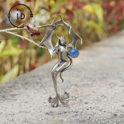 Silver Pendant with Ocean Blue Stone, Gothic Capricorn Necklace, Fantasy Jewelry for Women, Unique Gift Birthday Astrology