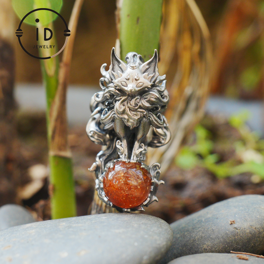Animal Pendant with Sunstone in 925 Sterling Silver, Oxidized Gothic Fantasy Necklace Pendant, Handmade Jewelry Gift for Him
