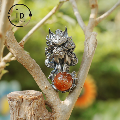 Animal Pendant with Sunstone in 925 Sterling Silver, Oxidized Gothic Fantasy Necklace Pendant, Handmade Jewelry Gift for Him