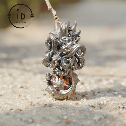 Animal Pendant with Sunstone in 925 Sterling Silver, Oxidized Gothic Fantasy Necklace Pendant, Handmade Jewelry Gift for Him