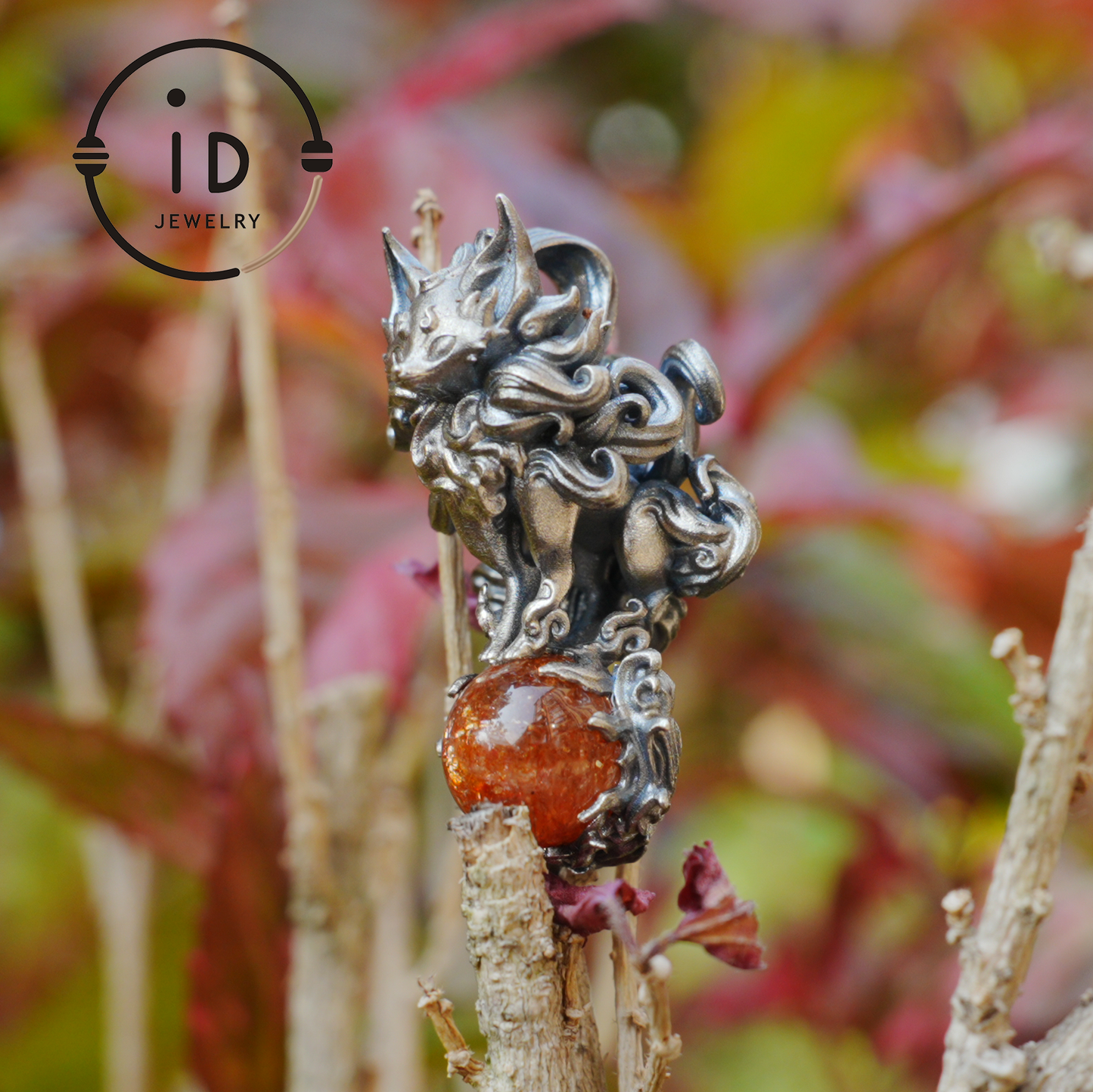 Animal Pendant with Sunstone in 925 Sterling Silver, Oxidized Gothic Fantasy Necklace Pendant, Handmade Jewelry Gift for Him