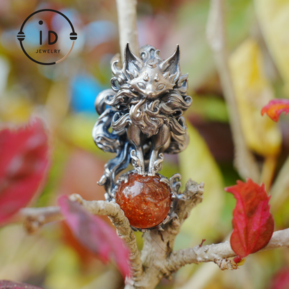 Animal Pendant with Sunstone in 925 Sterling Silver, Oxidized Gothic Fantasy Necklace Pendant, Handmade Jewelry Gift for Him