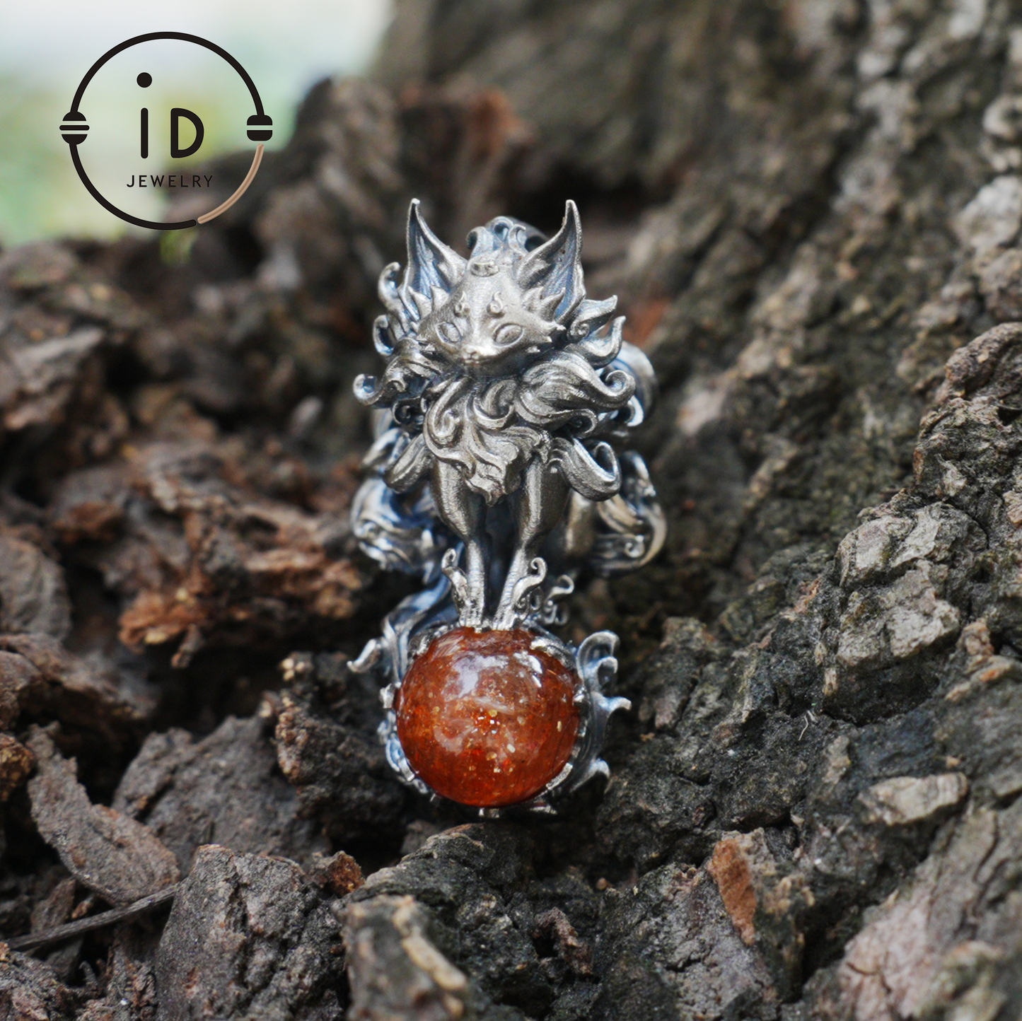 Animal Pendant with Sunstone in 925 Sterling Silver, Oxidized Gothic Fantasy Necklace Pendant, Handmade Jewelry Gift for Him