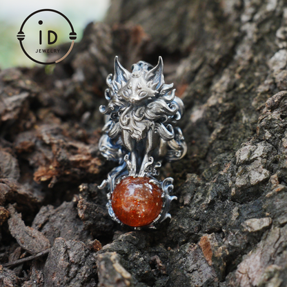 Animal Pendant with Sunstone in 925 Sterling Silver, Oxidized Gothic Fantasy Necklace Pendant, Handmade Jewelry Gift for Him