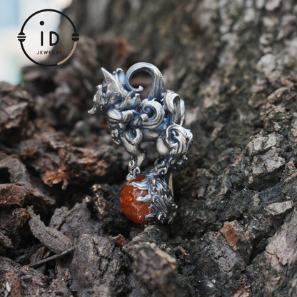 Animal Pendant with Sunstone in 925 Sterling Silver, Oxidized Gothic Fantasy Necklace Pendant, Handmade Jewelry Gift for Him