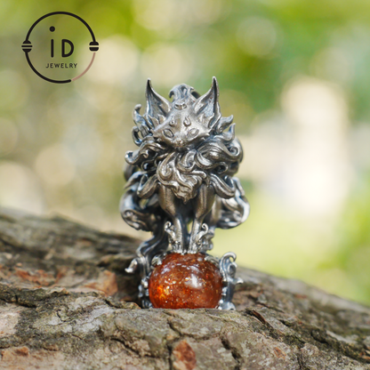 Animal Pendant with Sunstone in 925 Sterling Silver, Oxidized Gothic Fantasy Necklace Pendant, Handmade Jewelry Gift for Him