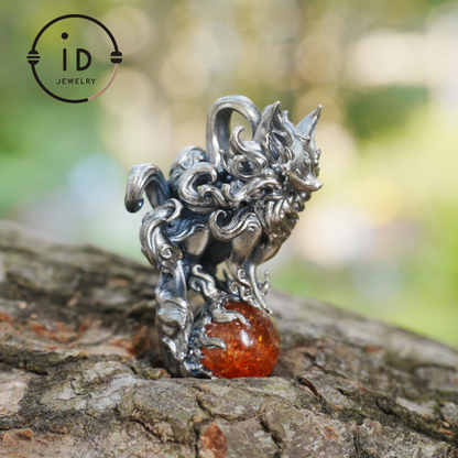 Animal Pendant with Sunstone in 925 Sterling Silver, Oxidized Gothic Fantasy Necklace Pendant, Handmade Jewelry Gift for Him