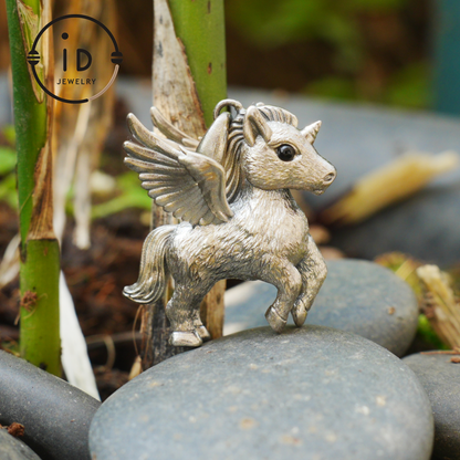 925 Silver Unicorn Pendant with Onyx Eyes, Pegasus Gothic Necklace Handmade Fantasy Jewelry, Gift for Women Birthday or Christmas