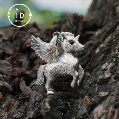 925 Silver Unicorn Pendant with Onyx Eyes, Pegasus Gothic Necklace Handmade Fantasy Jewelry, Gift for Women Birthday or Christmas