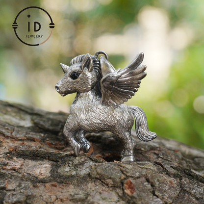 925 Silver Unicorn Pendant with Onyx Eyes, Pegasus Gothic Necklace Handmade Fantasy Jewelry, Gift for Women Birthday or Christmas