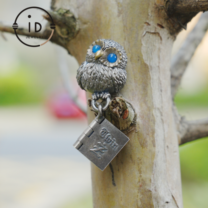 Owl Pendant with Blue Chalcedony in Oxidized 925 Silver Necklace Gothic Totem Jewelry Handmade Gift for Women Men Birthday Christmas