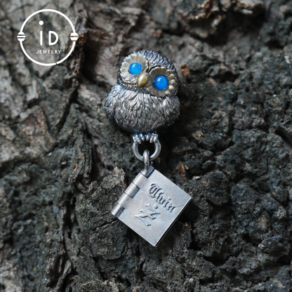 Owl Pendant with Blue Chalcedony in Oxidized 925 Silver Necklace Gothic Totem Jewelry Handmade Gift for Women Men Birthday Christmas