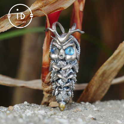 Labradorite Pendant in Silver Insect Form, Handmade Talisman with Movable Body, Gothic Jewelry Gift for Men