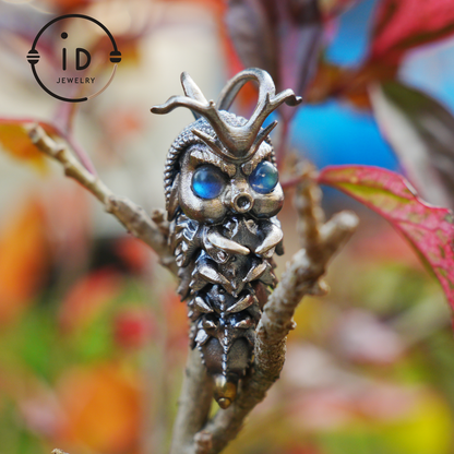 Labradorite Pendant in Silver Insect Form, Handmade Talisman with Movable Body, Gothic Jewelry Gift for Men