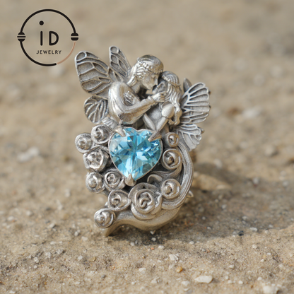 Adjustable Ring with Swiss Blue Topaz in 925 Silver, Oxidized Statement Ring in Gothic Fantasy Style, Handmade Jewelry Gift for Her