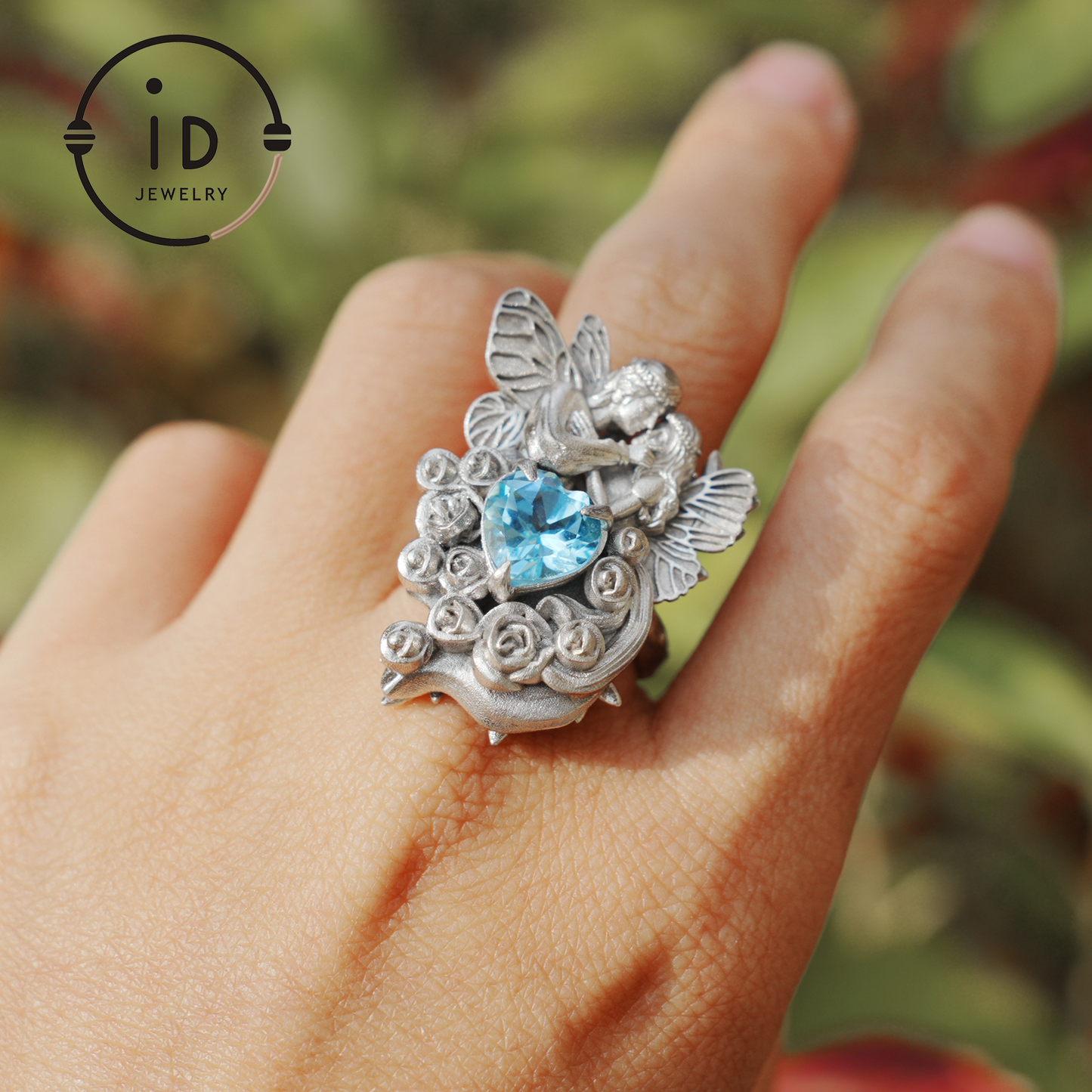 Adjustable Ring with Swiss Blue Topaz in 925 Silver, Oxidized Statement Ring in Gothic Fantasy Style, Handmade Jewelry Gift for Her