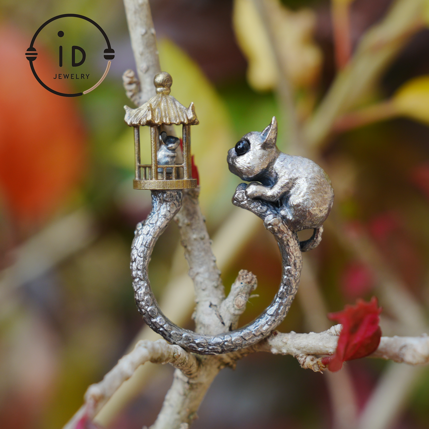 Adjustable Silver Cat Ring with Lantern & Black Onyx Eyes – Handmade Gothic Animal Jewelry, Totem Style Gift for Her, Birthday or Christmas