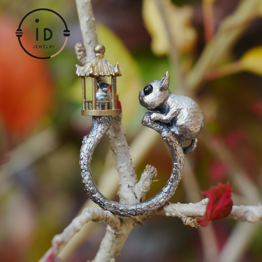 Adjustable Silver Cat Ring with Lantern & Black Onyx Eyes – Handmade Gothic Animal Jewelry, Totem Style Gift for Her, Birthday or Christmas