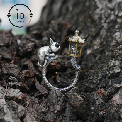 Adjustable Silver Cat Ring with Lantern & Black Onyx Eyes – Handmade Gothic Animal Jewelry, Totem Style Gift for Her, Birthday or Christmas