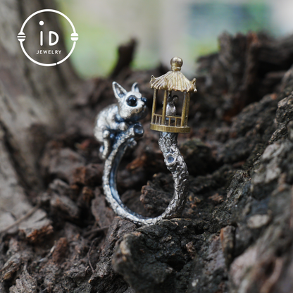 Adjustable Silver Cat Ring with Lantern & Black Onyx Eyes – Handmade Gothic Animal Jewelry, Totem Style Gift for Her, Birthday or Christmas