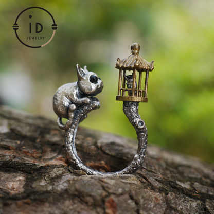 Adjustable Silver Cat Ring with Lantern & Black Onyx Eyes – Handmade Gothic Animal Jewelry, Totem Style Gift for Her, Birthday or Christmas