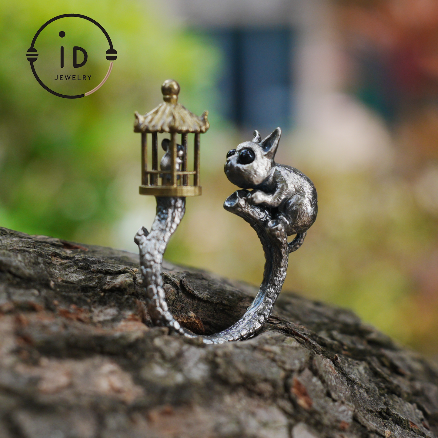 Adjustable Silver Cat Ring with Lantern & Black Onyx Eyes – Handmade Gothic Animal Jewelry, Totem Style Gift for Her, Birthday or Christmas