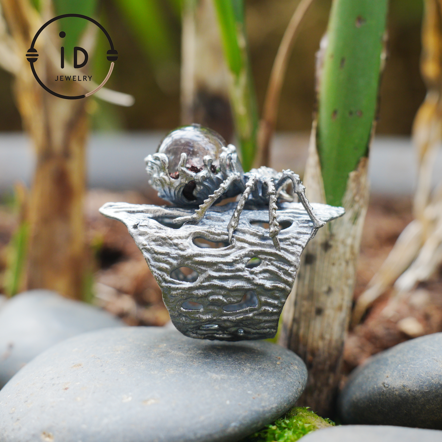 Phantom Quartz Spider Ring in 925 Silver, Adjustable Gothic Totem Statement Jewelry, Natural Stone Gift for Men and Women