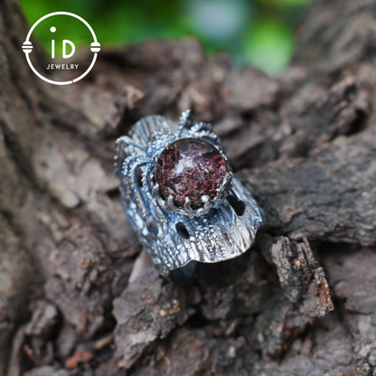 Phantom Quartz Spider Ring in 925 Silver, Adjustable Gothic Totem Statement Jewelry, Natural Stone Gift for Men and Women