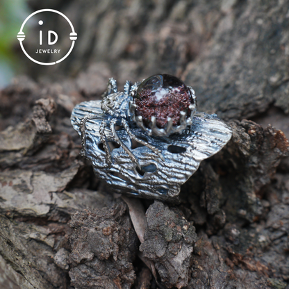 Phantom Quartz Spider Ring in 925 Silver, Adjustable Gothic Totem Statement Jewelry, Natural Stone Gift for Men and Women