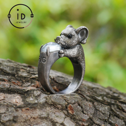 925 Sterling Silver Wild Boar Ring with Rock Crystal and Onyx, handmade animal ring in Gothic vintage style, gift idea for women and men.