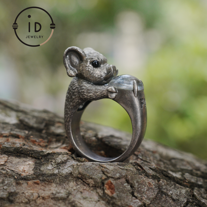 925 Sterling Silver Wild Boar Ring with Rock Crystal and Onyx, handmade animal ring in Gothic vintage style, gift idea for women and men.