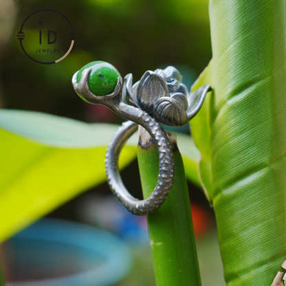 Adjustable silver ring with green jade cabochon, 925 sterling silver, gothic totem style, statement jewelry, gift for her