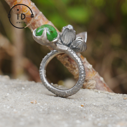 Adjustable silver ring with green jade cabochon, 925 sterling silver, gothic totem style, statement jewelry, gift for her