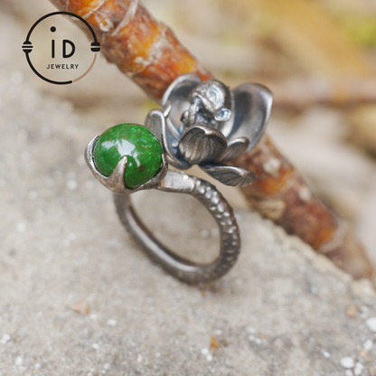 Adjustable silver ring with green jade cabochon, 925 sterling silver, gothic totem style, statement jewelry, gift for her