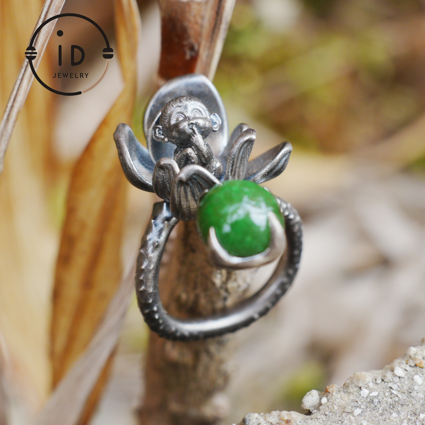 Adjustable silver ring with green jade cabochon, 925 sterling silver, gothic totem style, statement jewelry, gift for her