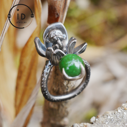 Adjustable silver ring with green jade cabochon, 925 sterling silver, gothic totem style, statement jewelry, gift for her