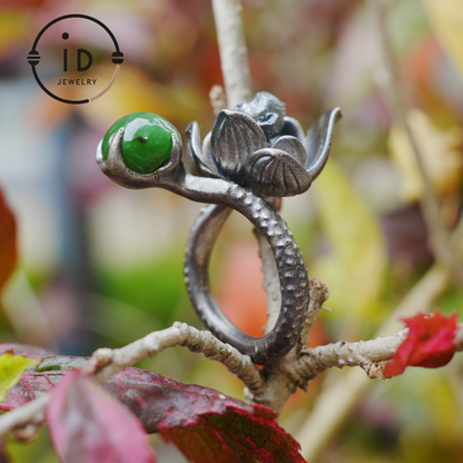 Adjustable silver ring with green jade cabochon, 925 sterling silver, gothic totem style, statement jewelry, gift for her