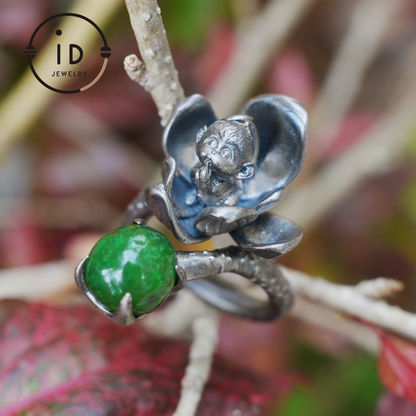 Adjustable silver ring with green jade cabochon, 925 sterling silver, gothic totem style, statement jewelry, gift for her