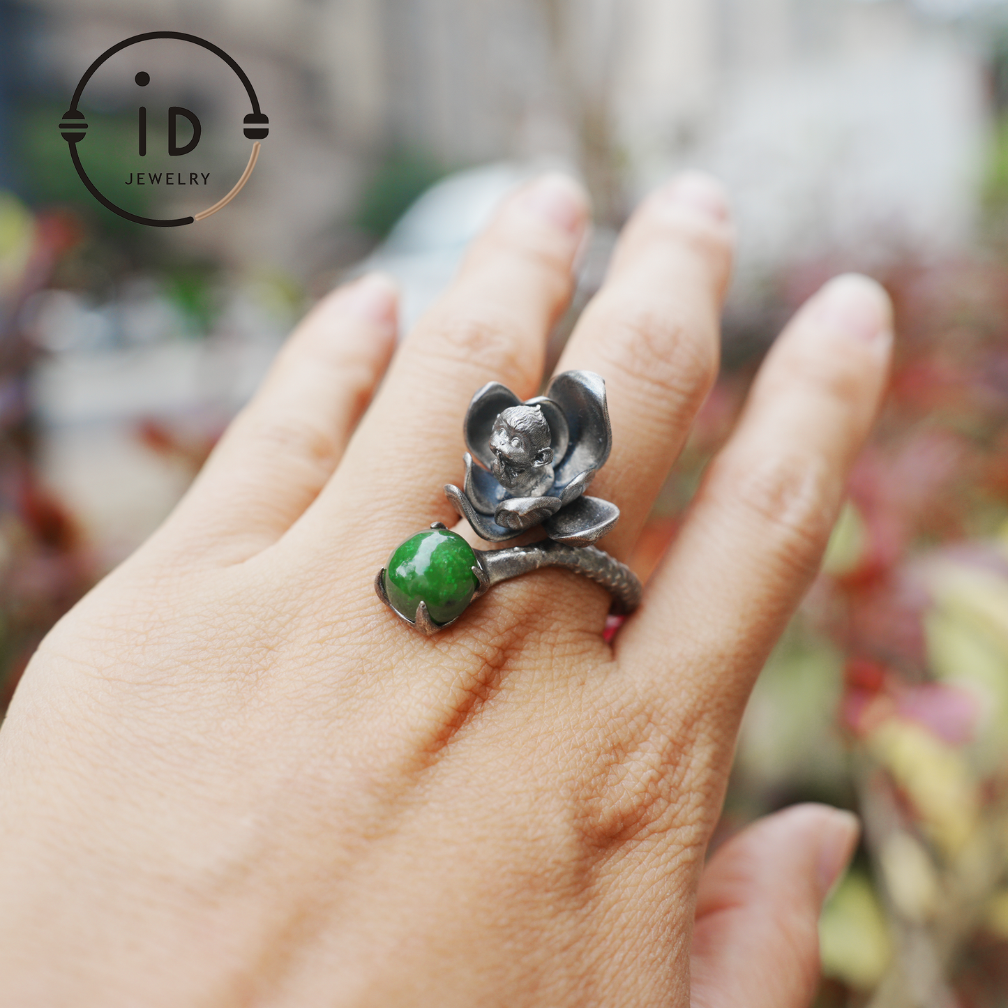 Adjustable silver ring with green jade cabochon, 925 sterling silver, gothic totem style, statement jewelry, gift for her
