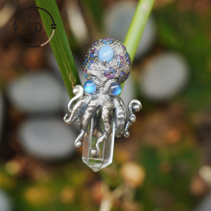 Octopus Pendant with Crystal in 925 Sterling Silver, Handcrafted Gothic Totem Jewelry with Natural Stone, Fantasy Necklace Gift