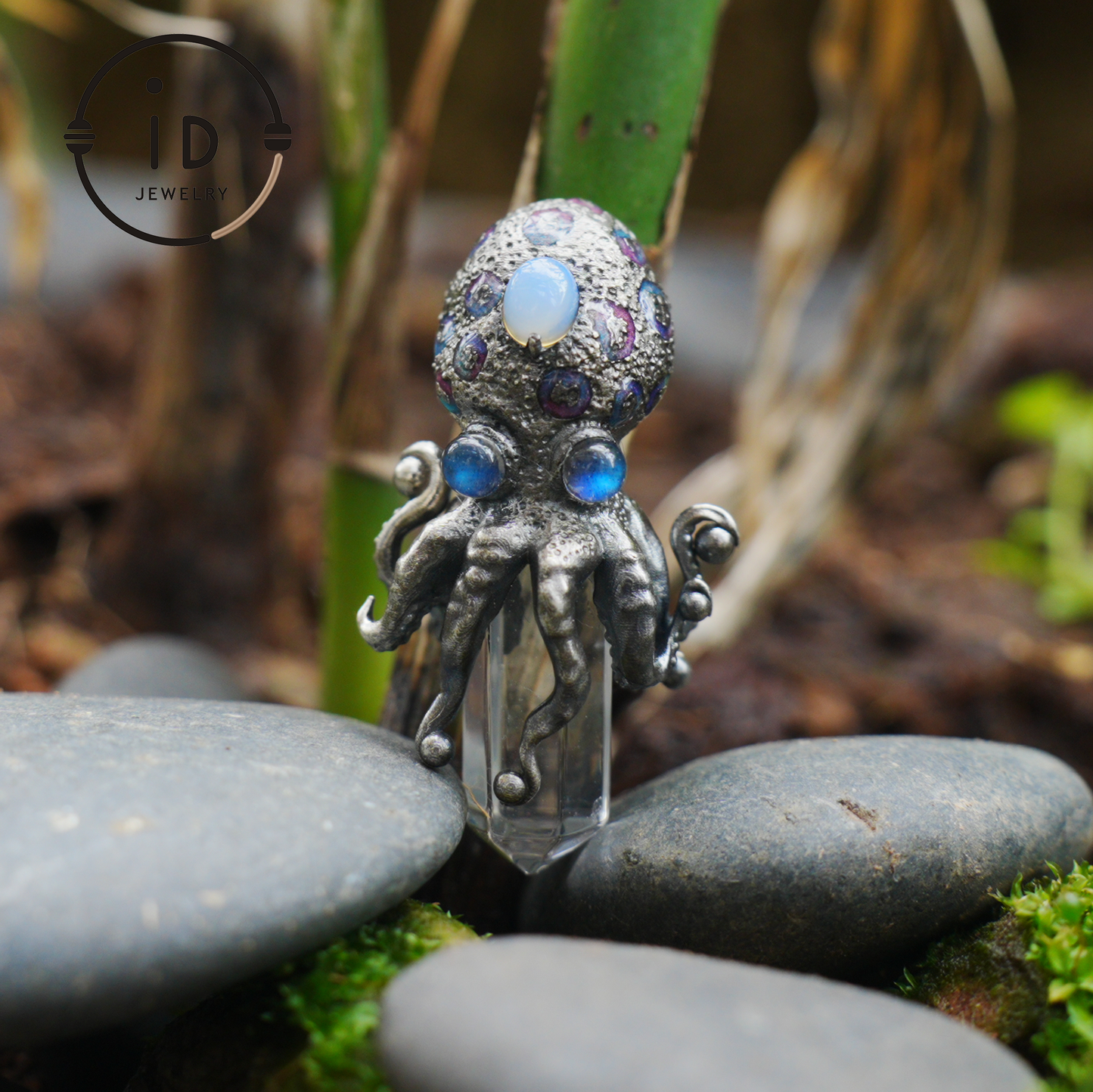 Octopus Pendant with Crystal in 925 Sterling Silver, Handcrafted Gothic Totem Jewelry with Natural Stone, Fantasy Necklace Gift