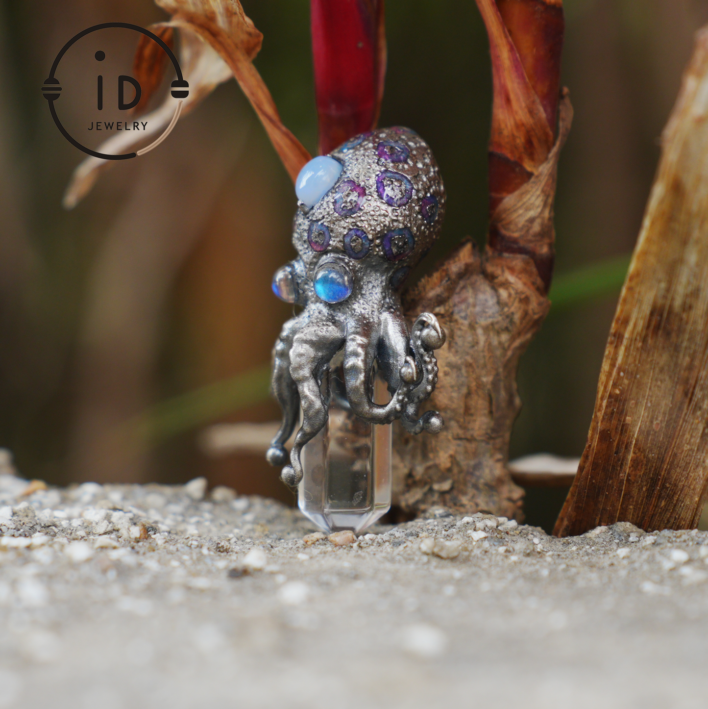 Octopus Pendant with Crystal in 925 Sterling Silver, Handcrafted Gothic Totem Jewelry with Natural Stone, Fantasy Necklace Gift