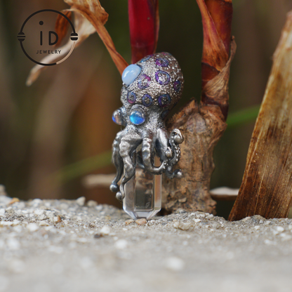 Octopus Pendant with Crystal in 925 Sterling Silver, Handcrafted Gothic Totem Jewelry with Natural Stone, Fantasy Necklace Gift