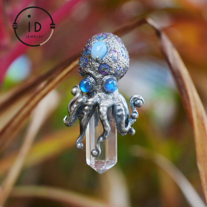 Octopus Pendant with Crystal in 925 Sterling Silver, Handcrafted Gothic Totem Jewelry with Natural Stone, Fantasy Necklace Gift
