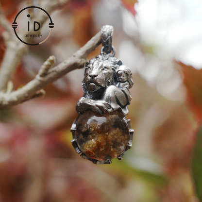 Totem Pendant in 925 Sterling Silver with Lion and Girl Figure, Handmade Talisman with Phantom Quartz Stone, Unique Gift for Men