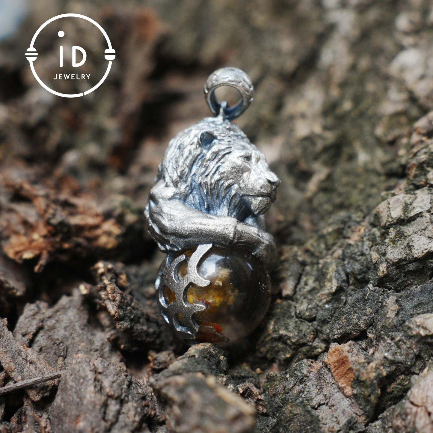 Totem Pendant in 925 Sterling Silver with Lion and Girl Figure, Handmade Talisman with Phantom Quartz Stone, Unique Gift for Men